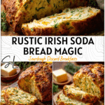 Golden Cheddar and Chive Irish Soda Bread loaf sliced on a wooden board beside herbs and cheese.